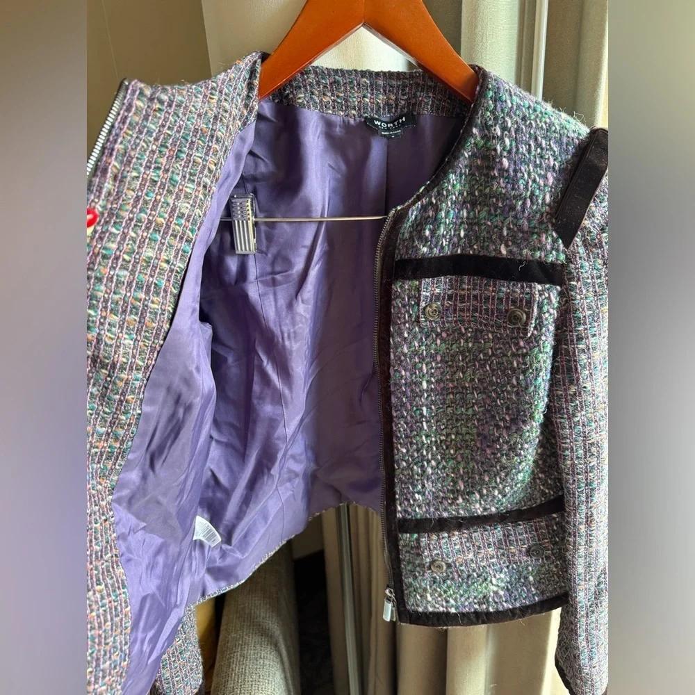 $698 Worth NYC Amethyst Tweed Velvet Ribbon Trim Pocket Wool Blend Jacket Size 8
